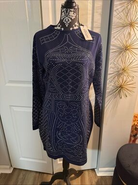 Navy Studded Long-Sleeve Knit Dress